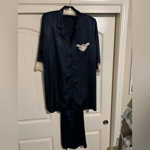 Jones New York Navy Satin Pajama Set with Lace Trim